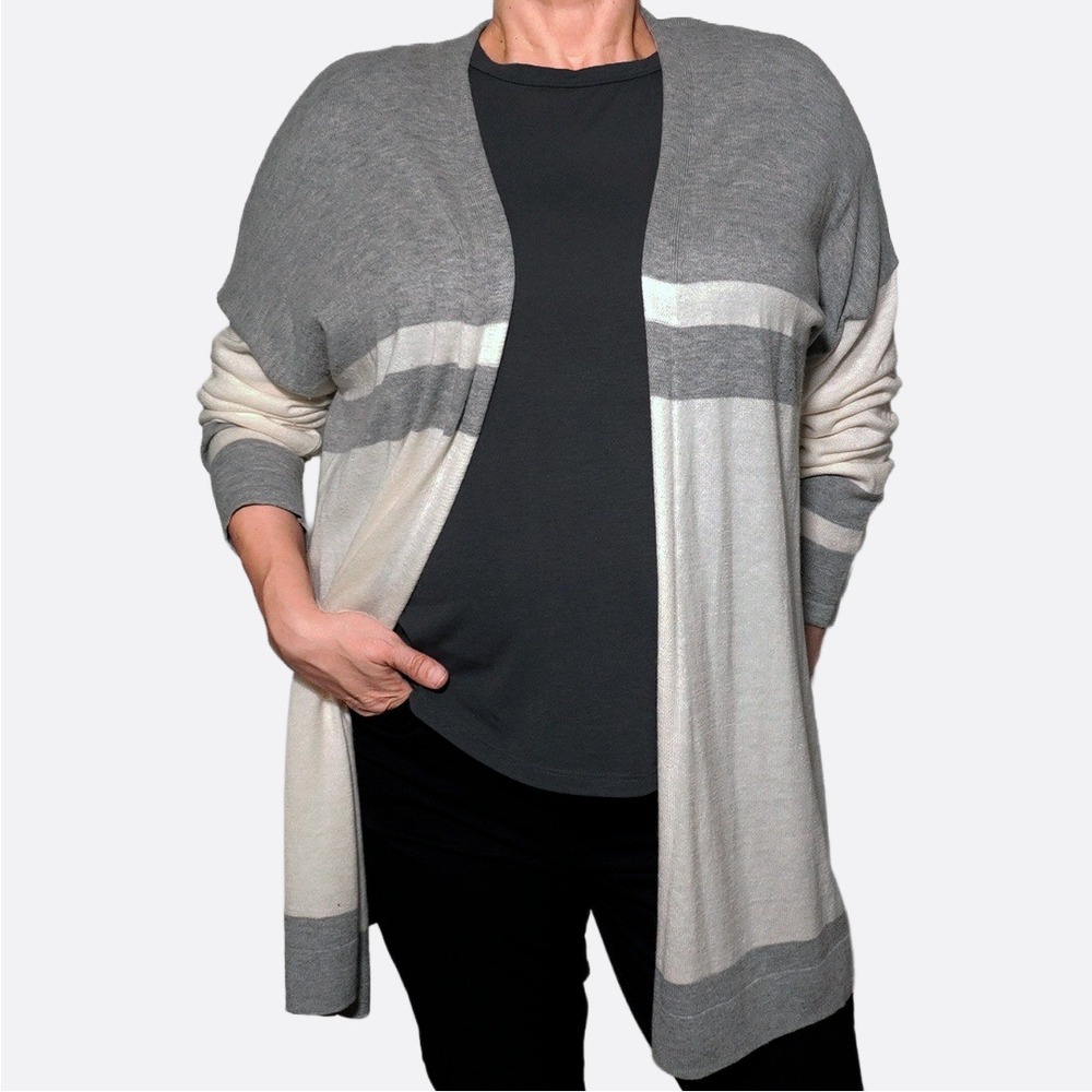 GAP Gray & Cream Striped Open Front‎ Cardigan 1X 2X 16 18 Minimalist Normcore